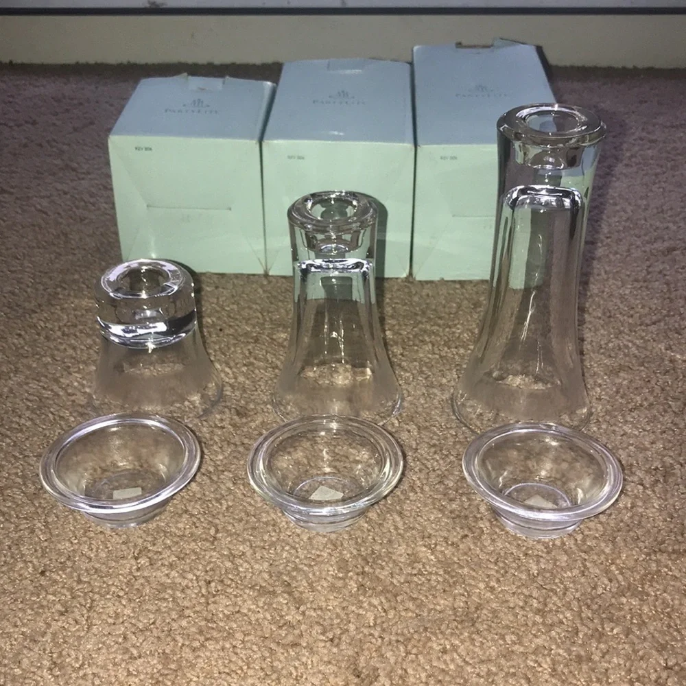 PartyLite clarity etched glass taper/tea light candle holders set of 3 NIB